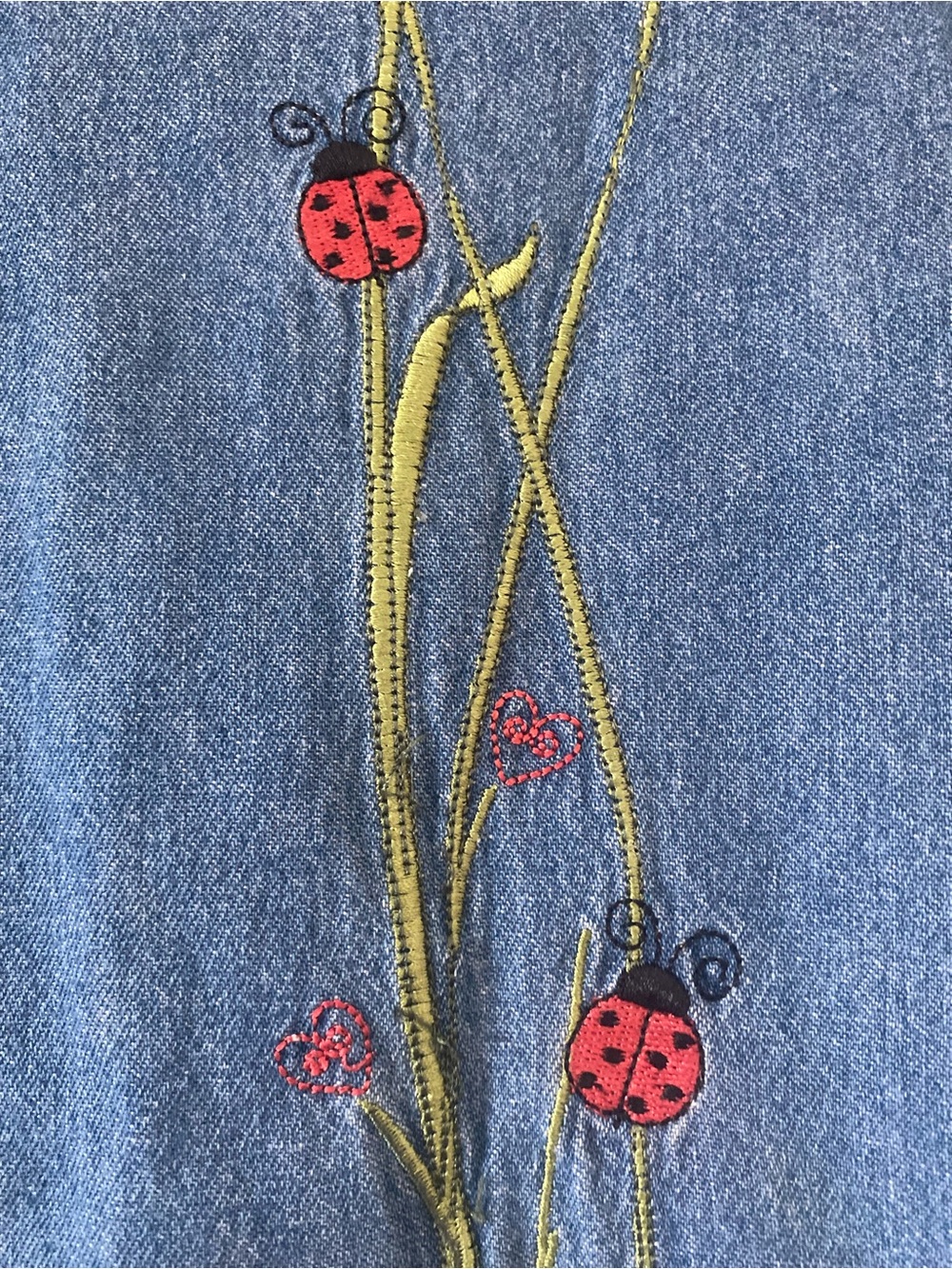 Vintage 90s Blair Denim Dress Small Ladybug Embroidered Cottagecore Pockets - Picture 2 of 13